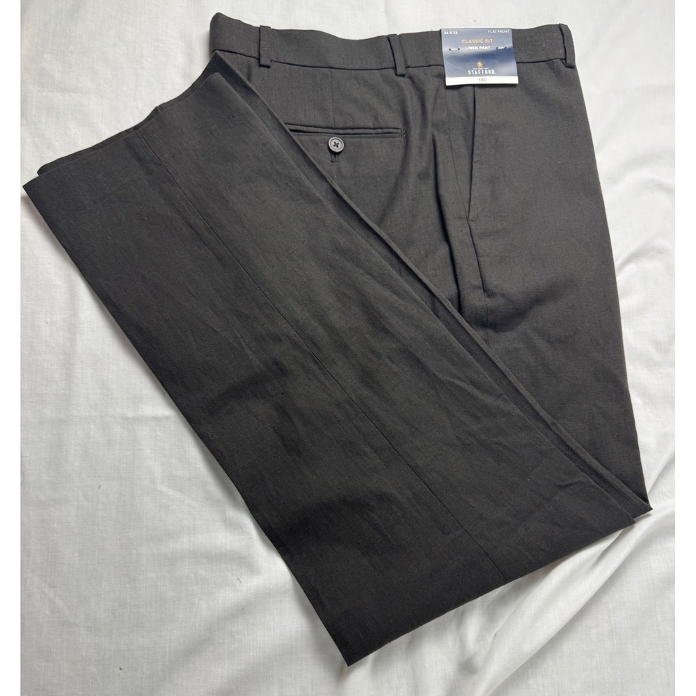 Stafford Classic Fit Linen Blend Flat Front Dress Pants Mens 34x32 Wagon Brown